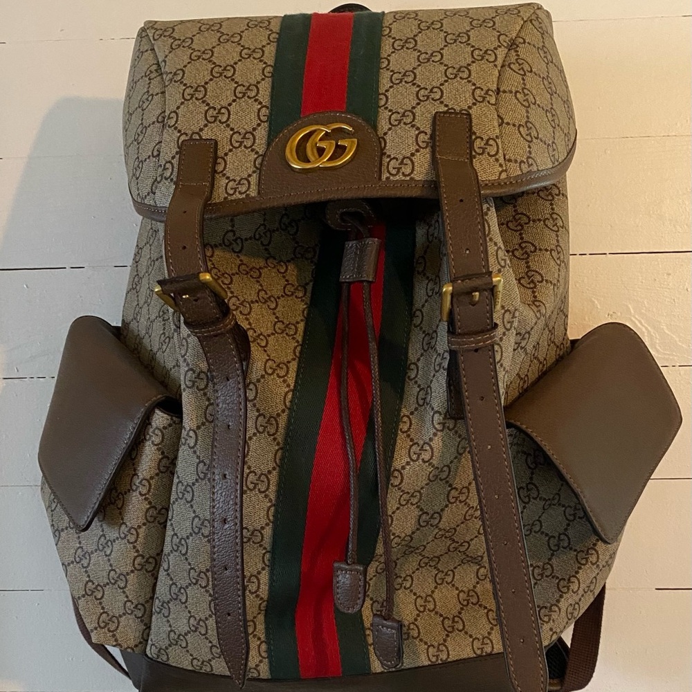 Gucci Monogram Backpack with Red and Green Stripes - Picture 3 of 9